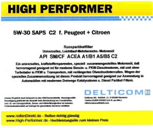 High Performer 5W-30 SAPS C2 DPF Motoröl 5 Liter Peugeot Citroen